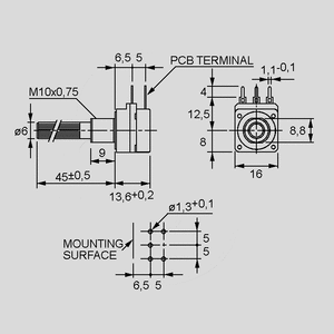 PC16MSK250 Potentiometer 16/6 Lin Switch 250K Dimensions