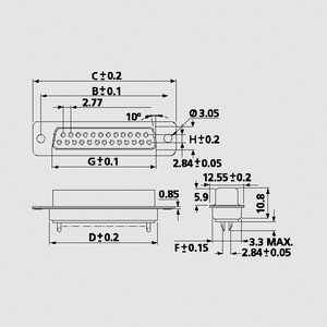 BL25LR D-Sub-Socket 25-Pole Solder Cup Dimensions