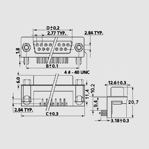 BL09EU D-Sub Socket 9-Pole Solder Pin FP10,3 Dimensions
