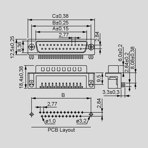 SL25WSI D-Sub-Plug 25-Pole Solder Pin FP8,08 Dimensions