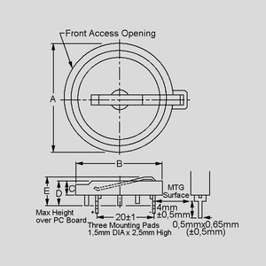 SN2430 Button Cell Holder 1xCR2430 Dimensions