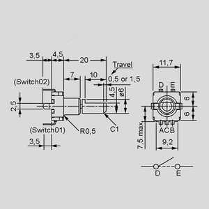 EC11E15244G1 Encoder 15 pulse with push Switch 0,5mm. EC11E15244G1<br>Dimensions