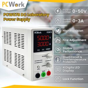 PCW07B Laboratoriestrømforsyning 0-50V DC, 0-3A