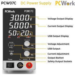 PCW07C Laboratoriestrømforsyning 0-30V DC, 0-5A