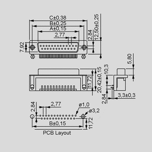 BL15EU D-Sub-Socket 15-Pole Solder Pin FP10,3 Dimensions