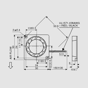 B0503PFB1-8 Radial ventilator 5V 30x10 K 2,2m³/h 36dBA Abmessungen