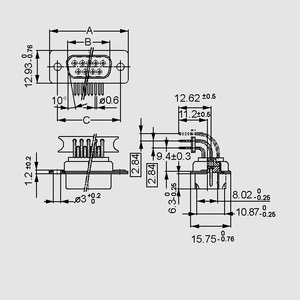 BL50LW D-Sub-Socket 50-Pole Female Solder Pin 90° Dimensions