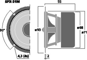 SPX-31M Fuldtone højttaler 3" 8 Ohm 20W Drawing 1024