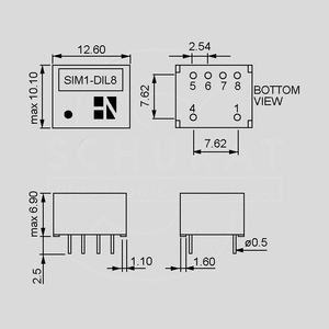 DW1-1215S DC/DC-Conv 12:15V 85mA DIL8 Dimensions and Terminal Pin Assignment