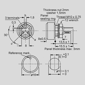 P16NP102MAB15 Cermet Potentiometer 1W 1K Dimensions