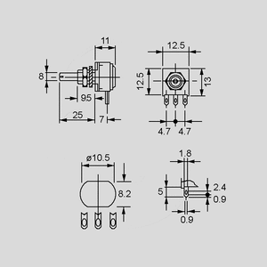 P11VYN100U Cermet Potentiometer Mono Lin 100R P11S1V0FLSY00101KA Dimensions