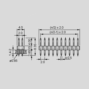 MSL205TG Pin Header 2R Straight 2x5-Pole Gold Dimensions