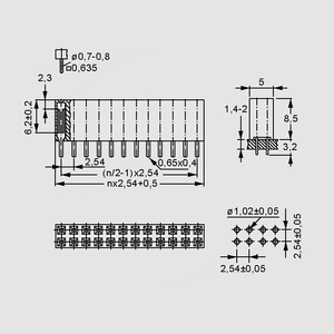 BL205Z Female Header 2R Straight 2x5-Pole Sn Dimensions