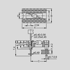 DIL16PZCVF IC Socket + Capacitor 16P 7,62mm Dimensions