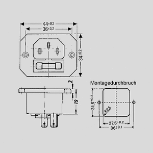 GSI-6,3 IEC C14 Power Connector Fuseh. Sp=36mm 6,3mm GSI-4,8, GSI-6,3