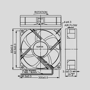 HA92251V41000UA99 Fan 12V 92x92X25 V 48,2m³/h 17,7dBA 0,58W Dimensions