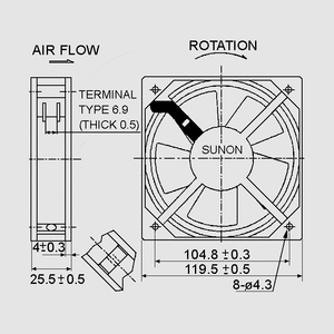 DP201AT2122HST Fan 230V 120x25 S T 108,7m³/h 43dB 19W Dimensions