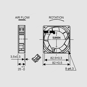 SF23092A2092HBT Fan 230V 92x25 B T 50,9m&sup3;/h 37dBA 14,5W Dimensions