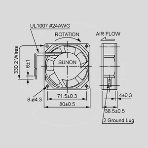 SF23080A2083HBL Fan 230V 80x38 B L 40,7m³/h 32dBA 14W Dimensions