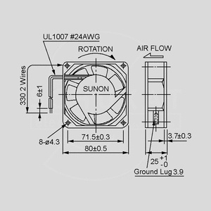 SF23080AT2082HSL 230V AC ventilator 80x25 29m³/h 29dBA Sleeve Dimensions