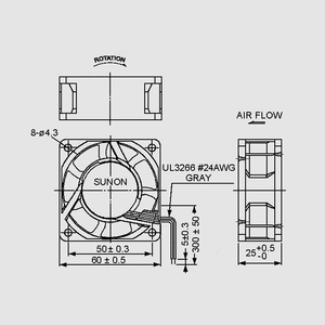 MA2062HVL Fan 230V 70x25 V L 29,7m&sup3;/h 30dBA 4,1W Dimensions