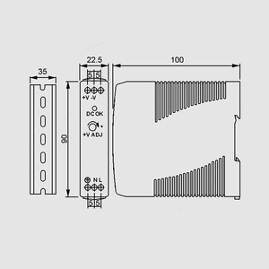 MDR-20-15 SPS DIN-Rail 20W 15V/1,34A Dimensions and Terminal Pin Assignment