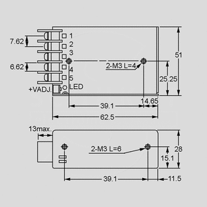 RS-15-3,3 SPS Case 9,9W 3,3V/3A Dimensions and Terminal Pin Assignment