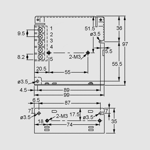 RS-50-5 SPS Case 50W 5V/10A Dimensions and Terminal Pin Assignment