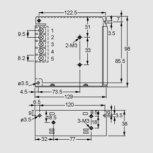 RS-75-3,3 SPS Case 49W 3,3V/15A Dimensions and Terminal Pin Assignment