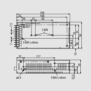 QP-100-3D SPS Case 100W PFC 5/3,3/24/-12V Dimensions and Terminal Pin Assignment