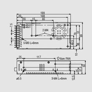 QP-150-3D SPS Case 150W PFC 5/3,3/24/-12V Dimensions and Terminal Pin Assignment