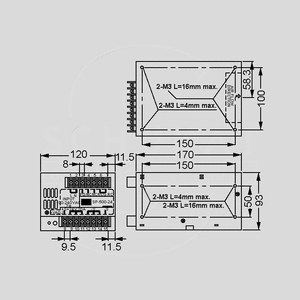 SP-500-13,5 SPS Case 486W PFC 13,5V/36A Dimensions and Terminal Pin Assignment