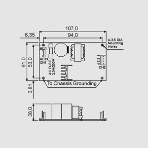 PD-2515 SPS Open Frame 24W 15/-15V Dimensions and Terminal Pin Assignment