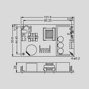 PS-35-15 SPS Open Frame 36W 15V/2,4A Dimensions and Terminal Pin Assignment