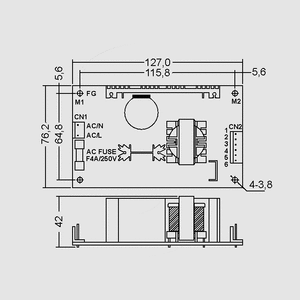 PT-65A SPS Open Frame 60W 5/12/-5V Dimensions and Terminal Pin Assignment