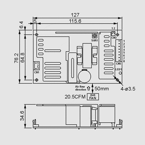 PPS-200-5 SPS Open Frame 130W 5V/26A Dimensions and Terminal Pin Assignment