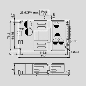 RPS-75-3,3 SPS Medical 49W 3,3V/15A Dimensions and Terminal Pin Assignment