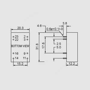 DCW03A-15 DC/DC-Conv 9-18V:+/-15V 100mA 3W Dimensions and Terminal Pin Assignment