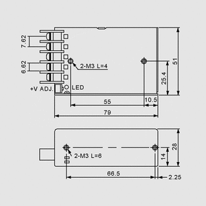 SD-15C-24 DC/DC-Conv 36-72V:24V/0,625A Dimensions and Terminal Pin Assignment