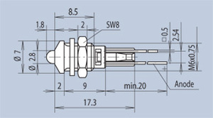 MENTOR 2674.8021 LED-fatning med 3mm LED RØD forhøjet CHROM med ledn.