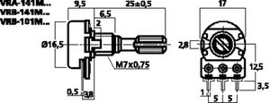 VRB-101M20 Potentiometer LINEÆR Mono 20KOhm Centerclick Tegning