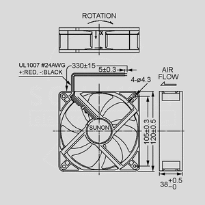 MEC0381V1-000U-A99 Fan 12V 120x38 V 234,4m³/h 48dBA Dimensions