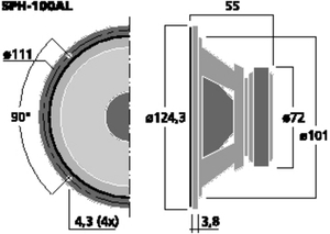 SPH-100AL HiFi-Midrange 4" 8 Ohm 40W Tegning