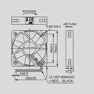 ME50101V1-A99 Fan 12V 50x10 V 23,4m³/h 31dBA Dimensions
