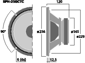 SPH-250CTC 10" (256mm) højttaler 2 x 8Ω, 2 x 150W Tegning