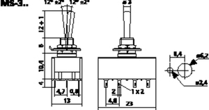 MS-343 Toggle Switch 4-pol ON/OFF/ON Tegning