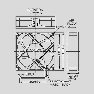 EE80251B1-A99 Fan 12V 80x25 B 69,6m³/h 33dBA ME80251_, EE80251_<br>Dimensions