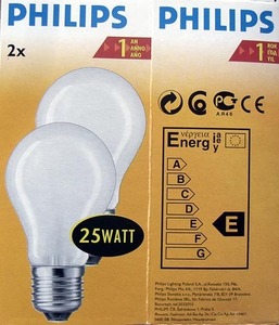 354839xx Philips Lampe 240V 25W E27 standard mat, 2 STK!