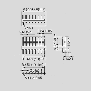 NSL254M-10W PCB Header 10-Pole Angled P2,54mm. Dimensions