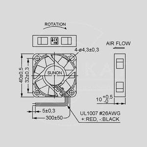 MB40101V2-A99 Fan 12V 40x40x10 V 11,9m³/h 27dBA 0,96W Dimensions